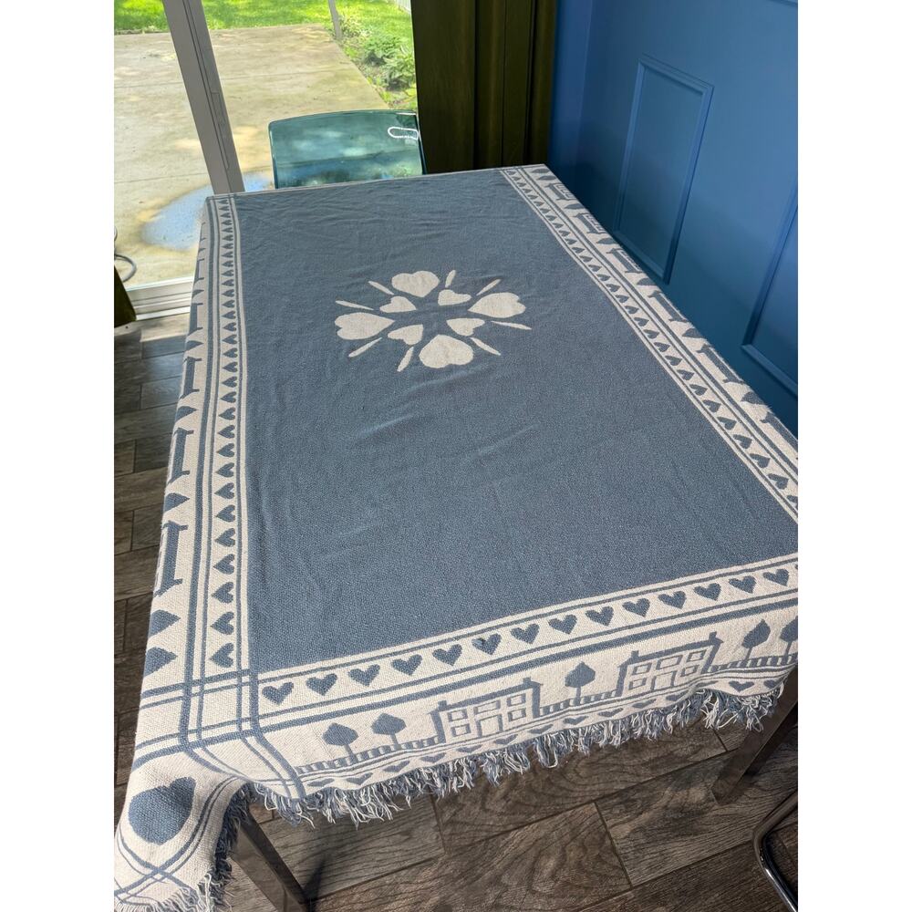Vtg Blue Cream tapestry Throw Blanket Cottage Houses Hearts Fringe Farmhouse